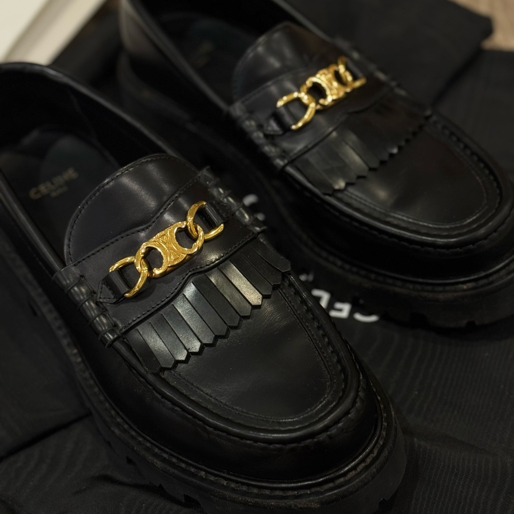 Celine Black Leather Loafers with Gold Accent